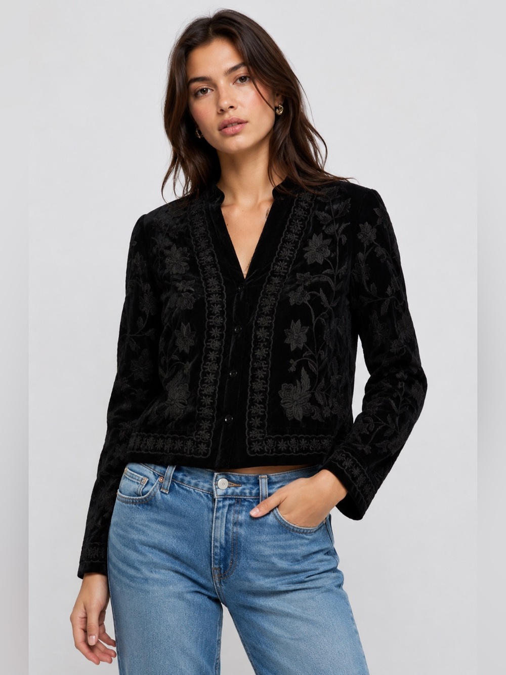 ZARA Black Velvet Embroidered Jacket Floral Cropped Boho Luxe Size Small